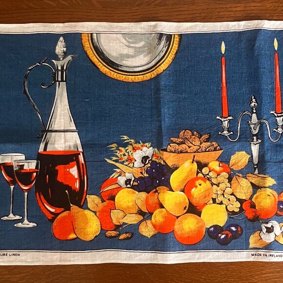 Ulster Irish Linen Tea Towels x 2 - Vintage Kitsch Tea Towel Wine, Nuts, Fruits - Picture 3 of 12